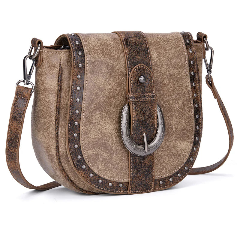 Load image into Gallery viewer, MW1364-8360CF - Montana West Western Buckle Studded Saddle Crossbody Bag - Coffee
