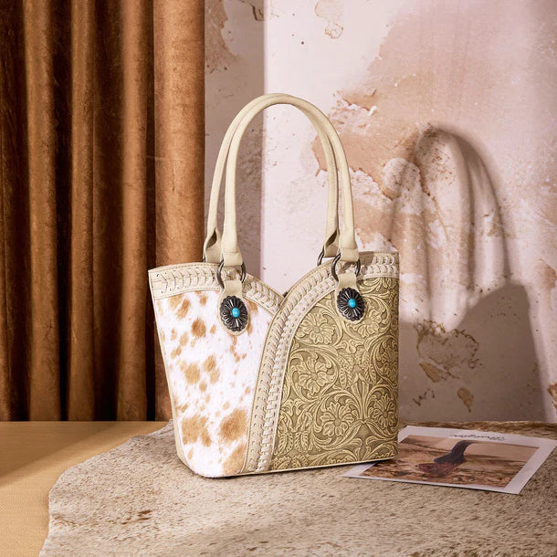 Load image into Gallery viewer, MW1365-8005TN - Montana West Tan Tooled &amp; Cowhide Whipstitch Tote Bag

