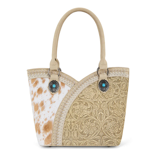 MW1365-8005TN - Montana West Tan Tooled & Cowhide Whipstitch Tote Bag