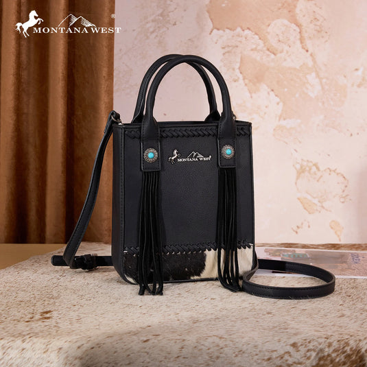 MW1368-8360BK - Montana West Hair-On Cowhide Fringe Tote/Crossbody - Black
