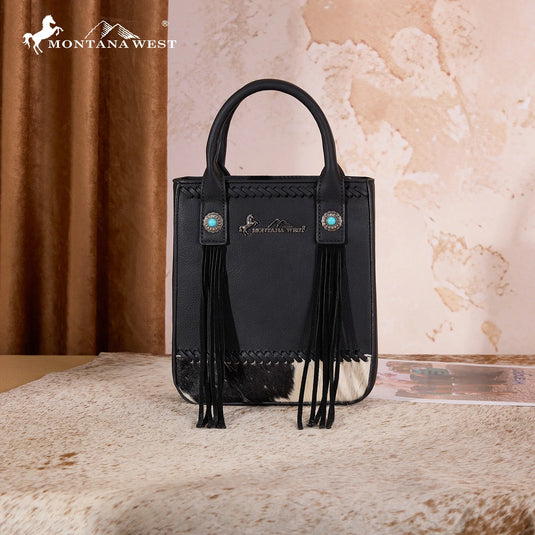 MW1368-8360BK - Montana West Hair-On Cowhide Fringe Tote/Crossbody - Black