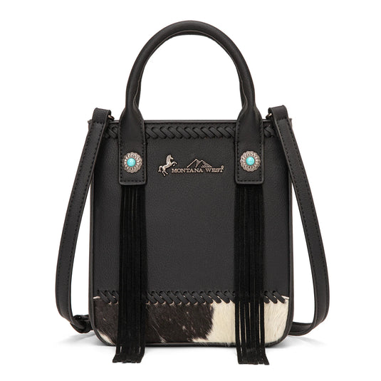 MW1368-8360BK - Montana West Hair-On Cowhide Fringe Tote/Crossbody - Black