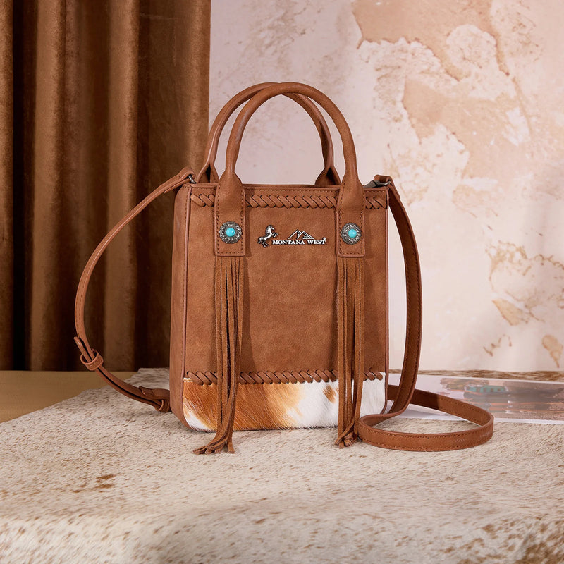 Load image into Gallery viewer, MW1368-8360BR - Montana West Hair-On Cowhide Fringe Tote/Crossbody - Brown

