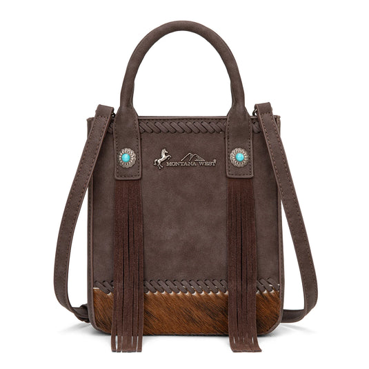 MW1368-8360CF - Montana West Hair-On Cowhide Fringe Tote/Crossbody - Coffee