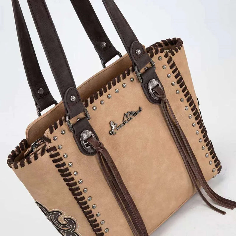 Load image into Gallery viewer, MW1373-8317TN - Montana West Western Tassel Studded Tote Bag - Tan
