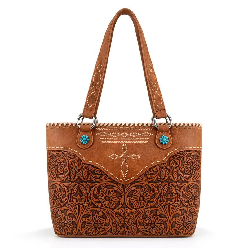 Load image into Gallery viewer, MW1375G-8317DBR - Montana West Tooled Floral Concealed Carry Tote Bag - Dark Brown

