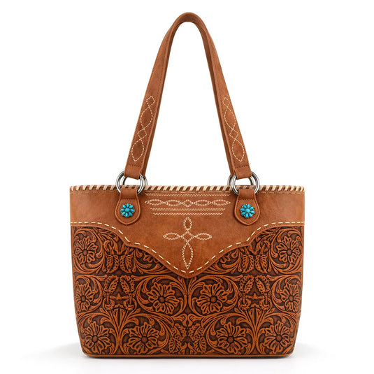 MW1375G-8317DBR - Montana West Tooled Floral Concealed Carry Tote Bag - Dark Brown
