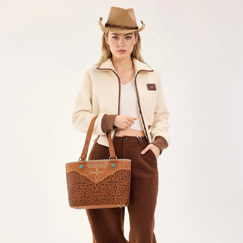 Load image into Gallery viewer, MW1375G-8317DBR - Montana West Tooled Floral Concealed Carry Tote Bag - Dark Brown
