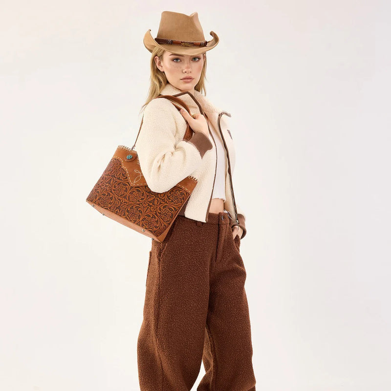 Load image into Gallery viewer, MW1375G-8317DBR - Montana West Tooled Floral Concealed Carry Tote Bag - Dark Brown
