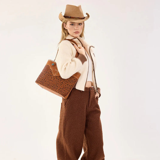 MW1375G-8317DBR - Montana West Tooled Floral Concealed Carry Tote Bag - Dark Brown