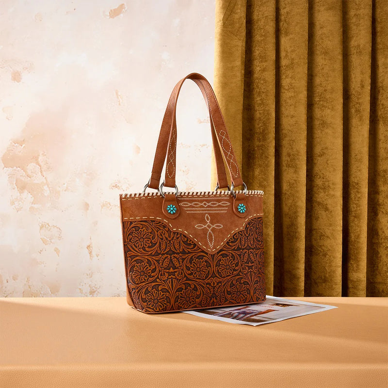 Load image into Gallery viewer, MW1375G-8317DBR - Montana West Tooled Floral Concealed Carry Tote Bag - Dark Brown
