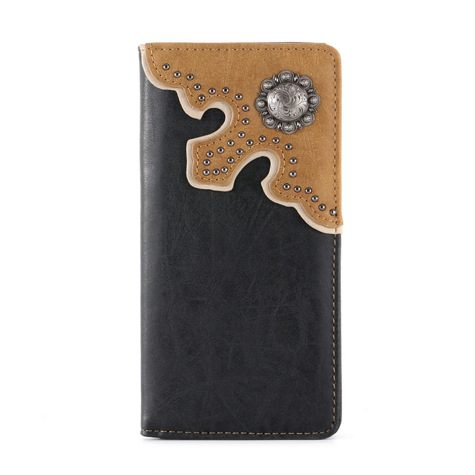 MW-606BK - Antique Silver Berry Concho Men's Bifold Long PU Leather Wallet