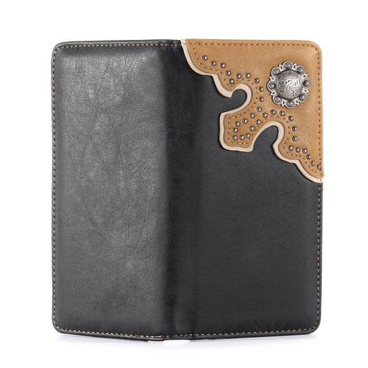 MW-606BK - Antique Silver Berry Concho Men's Bifold Long PU Leather Wallet