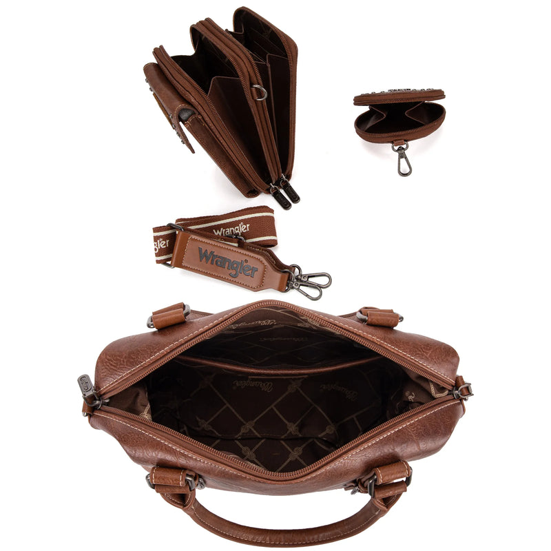 Load image into Gallery viewer, WG48S-S5110BR - Wrangler 3Pc Set Buckle Classic Barrel Satchel With Phone Wallet Crossbody
