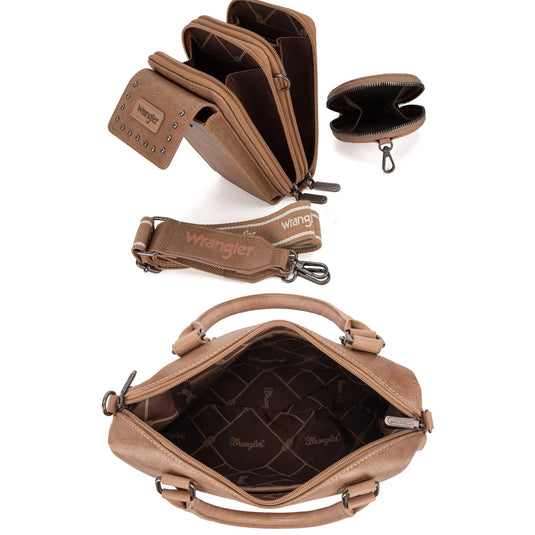 WG48S-S5110KH - Wrangler 3Pc Set Buckle Classic Barrel Satchel With Phone Wallet Crossbody