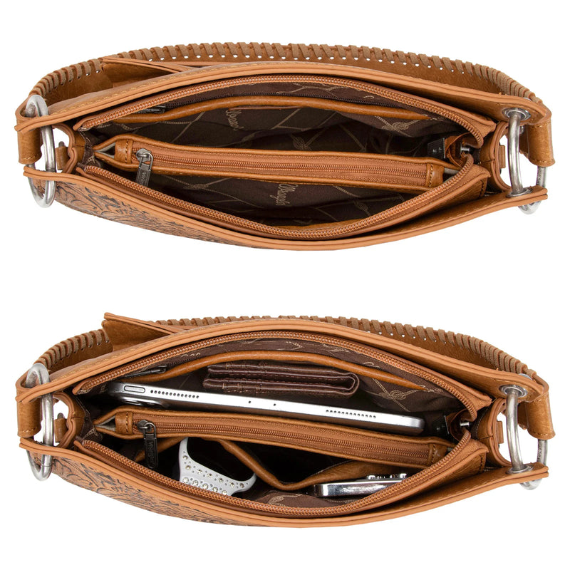 Load image into Gallery viewer, WG45G-918LBR - Wrangler Floral Embossed Fringe Concealed Carry Hobo/Crossbody - Light Brown
