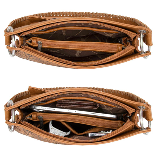 WG45G-918LBR - Wrangler Floral Embossed Fringe Concealed Carry Hobo/Crossbody - Light Brown
