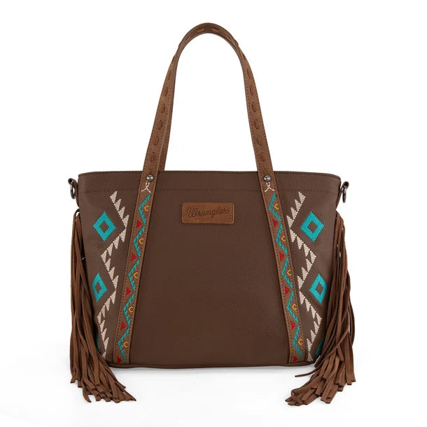 Load image into Gallery viewer, WG233-2009BR - Wrangler Aztec Embroidered Tote/Crossbody Bag - Brown
