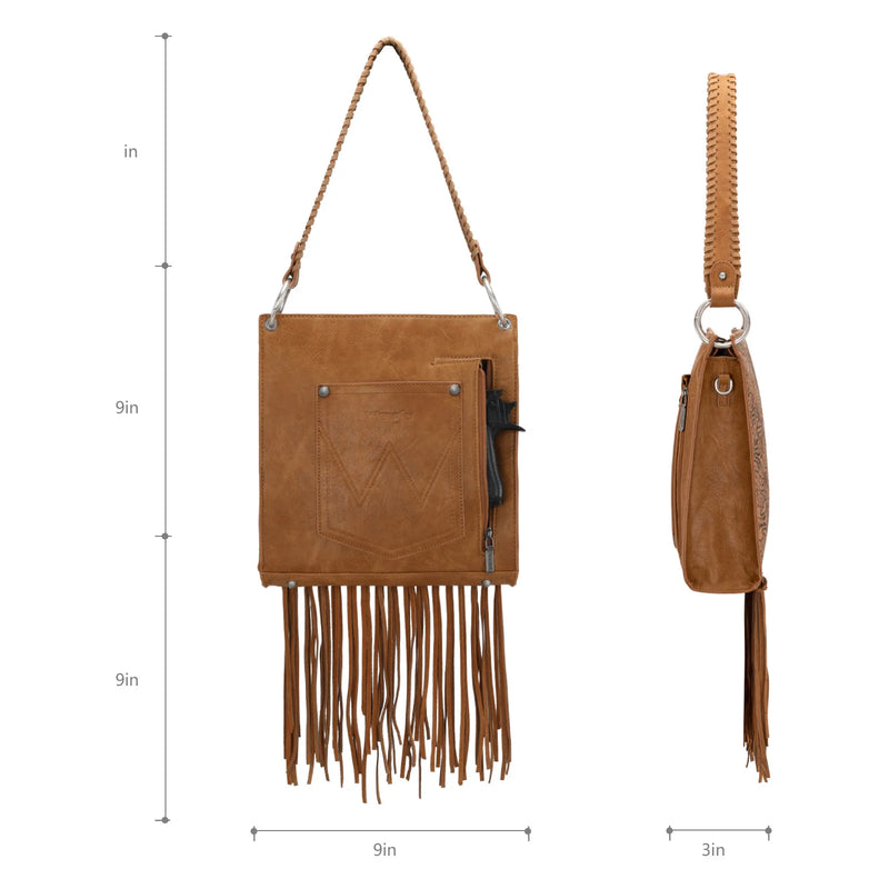 Load image into Gallery viewer, WG45G-918LBR - Wrangler Floral Embossed Fringe Concealed Carry Hobo/Crossbody - Light Brown
