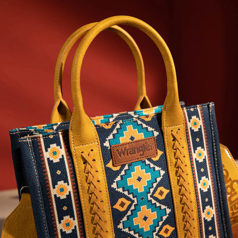 Load image into Gallery viewer, WG2203-8120SMST - Wrangler Southwestern Print Small Canvas Tote/Crossbody - Mustard
