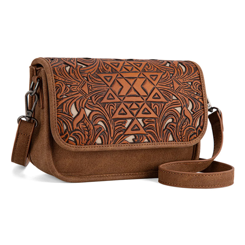 Load image into Gallery viewer, TR190-8367BR - Trinity Ranch Floral Aztec Tooled Crossbody
