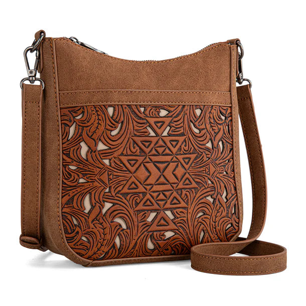 Load image into Gallery viewer, TR190-8360BR - Trinity Ranch Floral Aztec Tooled Crossbody
