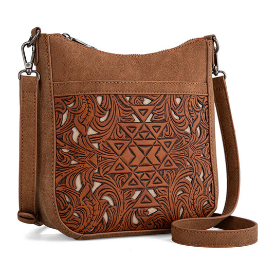 TR190-8360BR - Trinity Ranch Floral Aztec Tooled Crossbody