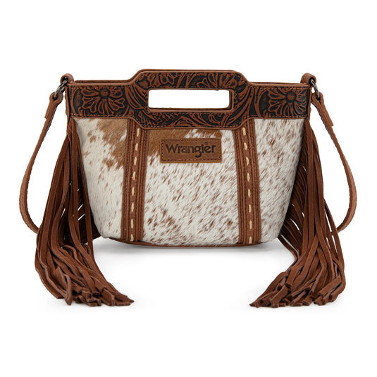 WG283-8015BR - Wrangler Genuine Cowhide Top Handle Fringe Crossbody - Brown