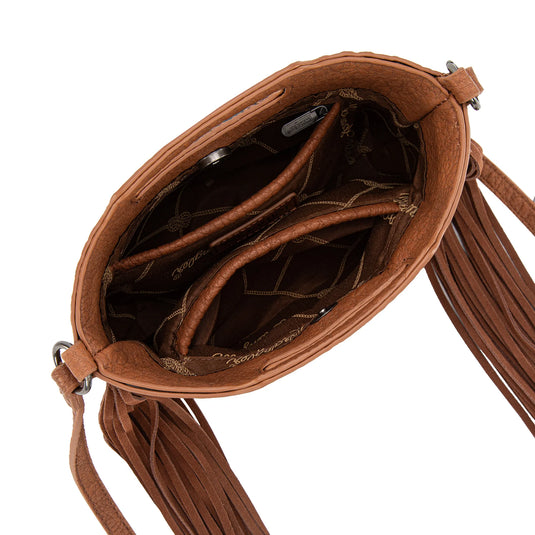 WG283-8015BR - Wrangler Genuine Cowhide Top Handle Fringe Crossbody - Brown
