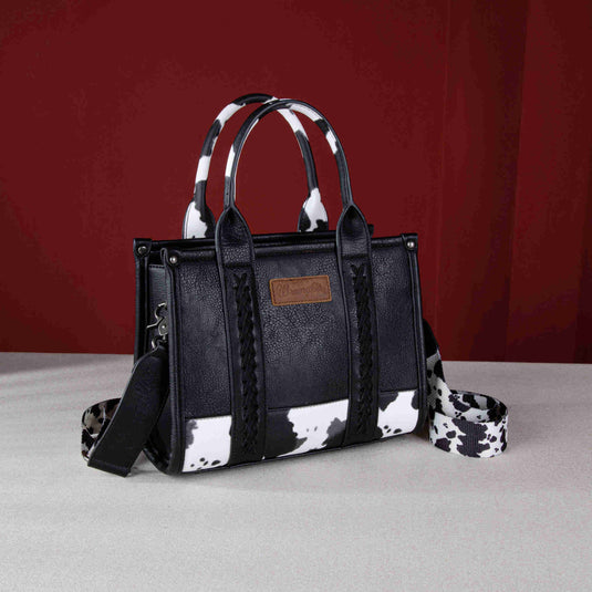 WG102-8120SBK - Wrangler Cow Print Concealed Carry Tote/Crossbody - Black