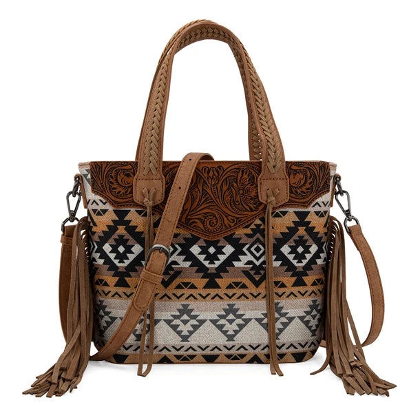 Load image into Gallery viewer, MW1295G-8313WTN - Montana West Tooled Aztec Tote/Crossbody with Wallet Set - Tan
