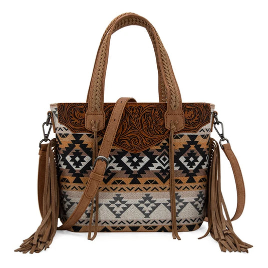 MW1295G-8313WTN - Montana West Tooled Aztec Tote/Crossbody with Wallet Set - Tan