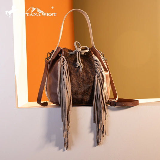 MWF1046-205SBR - Montana West Hair-On Cowhide Drawstring Hobo/Crossbody - Brown
