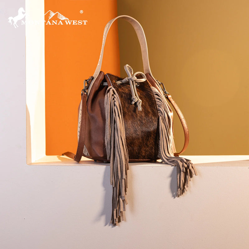 Load image into Gallery viewer, MWF1046-205SBR - Montana West Hair-On Cowhide Drawstring Hobo/Crossbody - Brown
