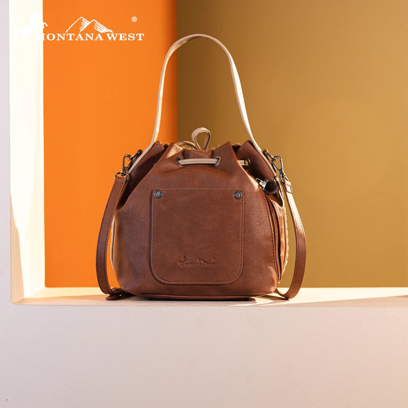 Load image into Gallery viewer, MWF1046-205SBR - Montana West Hair-On Cowhide Drawstring Hobo/Crossbody - Brown
