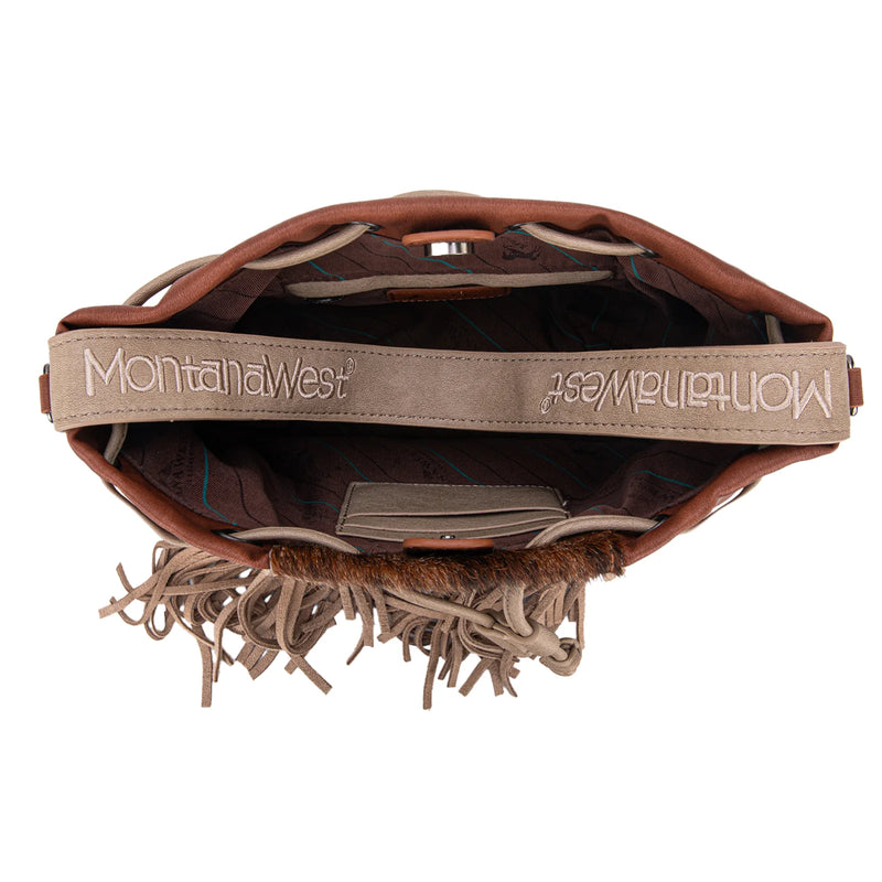 Load image into Gallery viewer, MWF1046-205SBR - Montana West Hair-On Cowhide Drawstring Hobo/Crossbody - Brown
