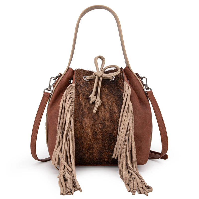Load image into Gallery viewer, MWF1046-205SBR - Montana West Hair-On Cowhide Drawstring Hobo/Crossbody - Brown
