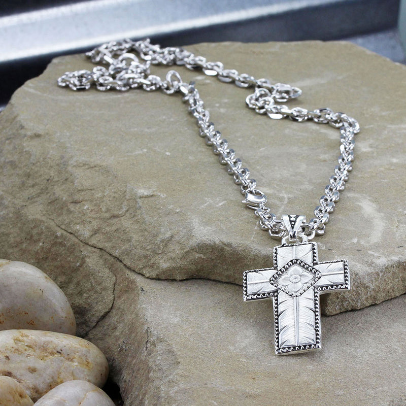 Load image into Gallery viewer, NC3588RTS - Montana Silversmiths Men&#39;s Banded Feathered Cross Necklace
