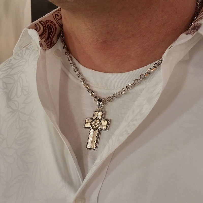 Load image into Gallery viewer, NC3588RTS - Montana Silversmiths Men&#39;s Banded Feathered Cross Necklace
