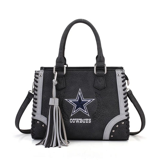 NFL-HB-DAL-021 -GY - Dallas Cowboys Whipstitch Fringe Handheld Tote Crossbody Bag