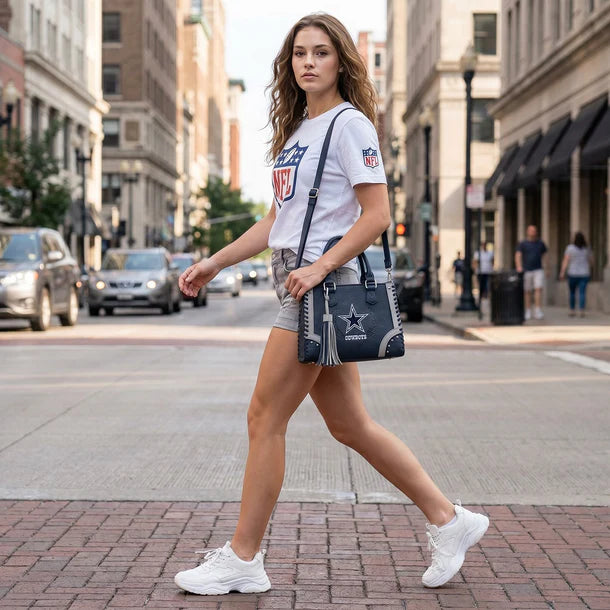 Load image into Gallery viewer, NFL-HB-DAL-021-LB - Dallas Cowboys Whipstitch Fringe Handheld Tote Crossbody Bag
