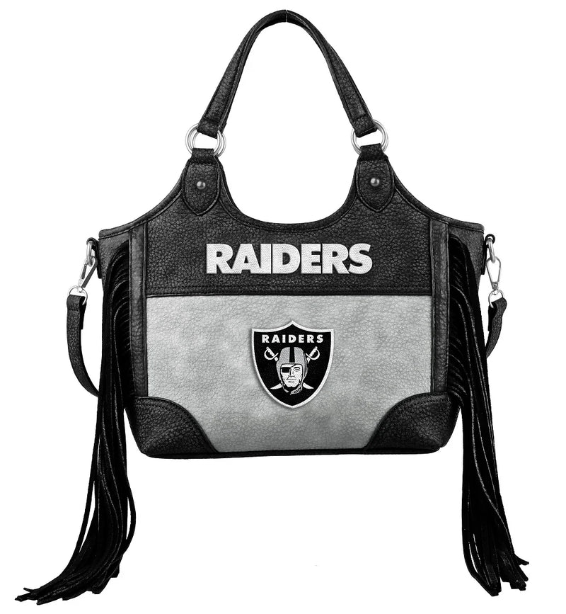 Load image into Gallery viewer, NFL-HB-LV-011-BK - Las Vegas Raiders Two-Tone Fringe Hobo Tote Bag - Black
