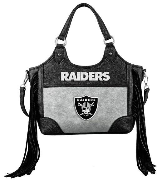 NFL-HB-LV-011-BK - Las Vegas Raiders Two-Tone Fringe Hobo Tote Bag - Black