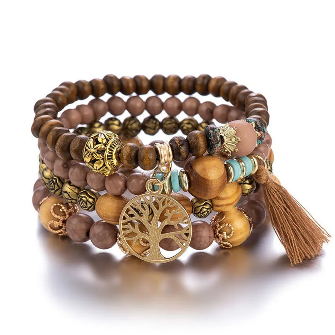 NIHBC62 - Coffee Multi Layer Beaded Tree of Life Bracelet