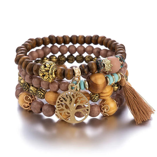 NIHBC62 - Coffee Multi Layer Beaded Tree of Life Bracelet