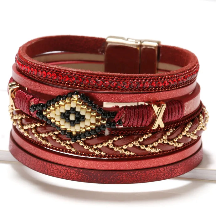 NIHBC53 - Boho Red Multi Layer Devil's Eye Bracelet