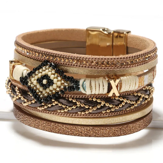 NIHBC55 - Boho Khaki Multi Layer Devil's Eye Bracelet