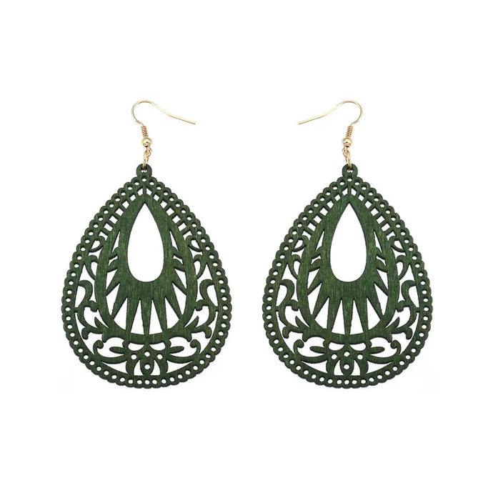 NIHER66 - Green Retro Water Drop Wood Hollow Earrings