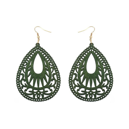 NIHER66 - Green Retro Water Drop Wood Hollow Earrings