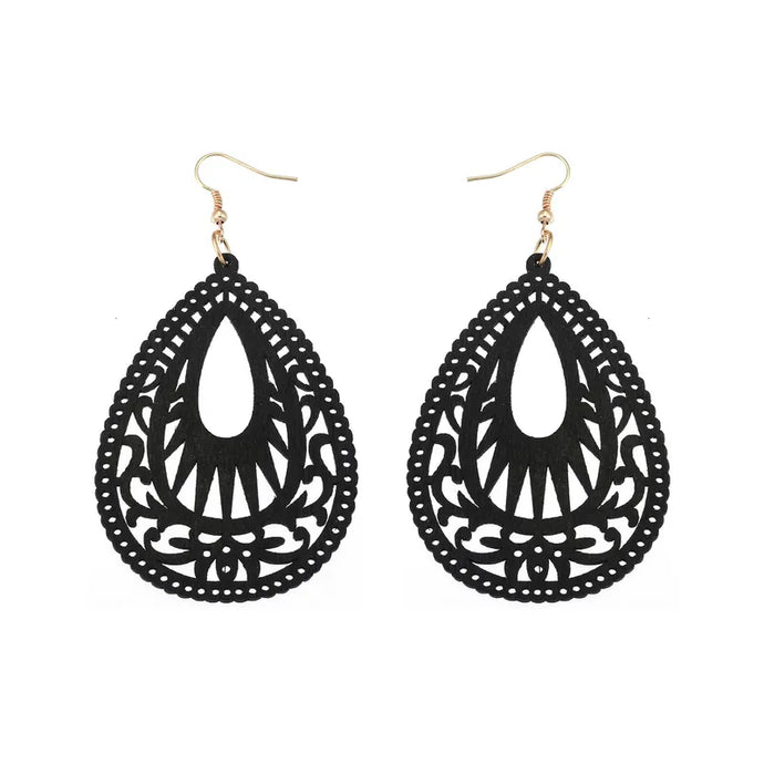 NIHER67 - Black Retro Water Drop Wood Hollow Earrings